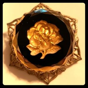 Vintage floral gold tone & black enamel retro pin